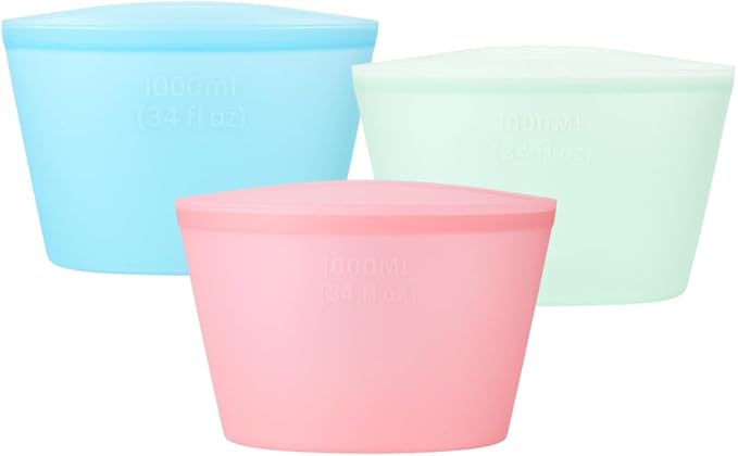 Reusable Silicone Food Storage Bags, 34 Fluid Ounces, 3-Pack, Leakproof, Freezer and Microwave Safe, Stand-Up Design, BPA Free, Dishwasher Safe (MIXED)