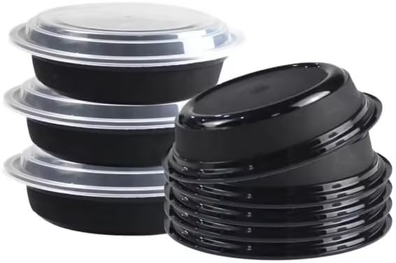32oz Disposable Black Meal Prep/Bento Box with Clear Dome Lids - Round Plastic Meal Containers - Leak Proof and Reusable Box : Perfect For Salad, Meal Prep and Fruits : Set of 100