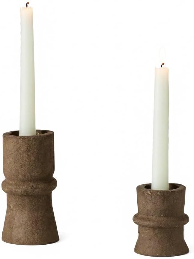 Romadedi Candlestick Holders Boho Decor: Taper Candle Holders Paper Mache for Living Room Modern Decorations Candle Stick Dining Table Centerpiece Fireplace Home Decoration Brown