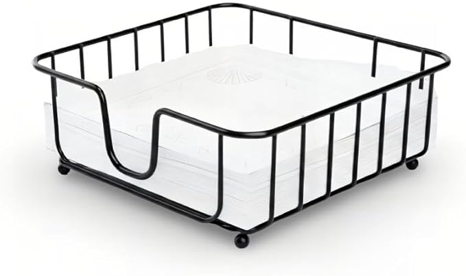 Flat Napkin Holder for Table Countertop, Modern Decorative Metal Square Paper Napkin Organizer Dispenser with Weighted Arm for Kitchen Dining Table Cocktail Restaurant - Black, (7x7x2.5)