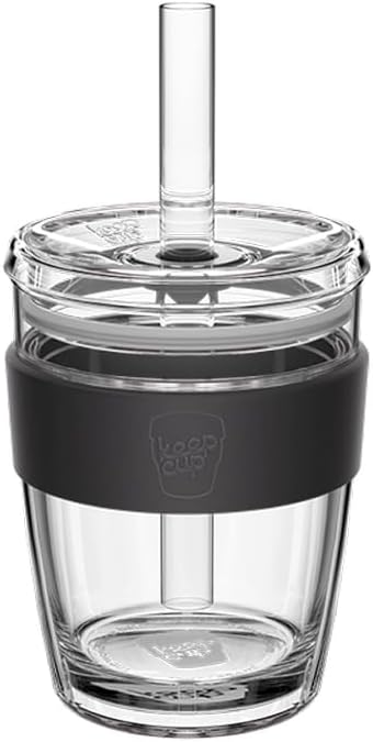 KeepCup Cold Cup - Longplay Double wall Glass Ice Coffee Tumbler with Lid and Straw - 12oz (340ml) - Black