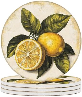 Ceramic Coasters Set of 4 Absorbent Stone Drink Coasters with Holder,Non-Slip Cork Backing,Lemon Coasters for Coffee Table,Desk & Home Decor