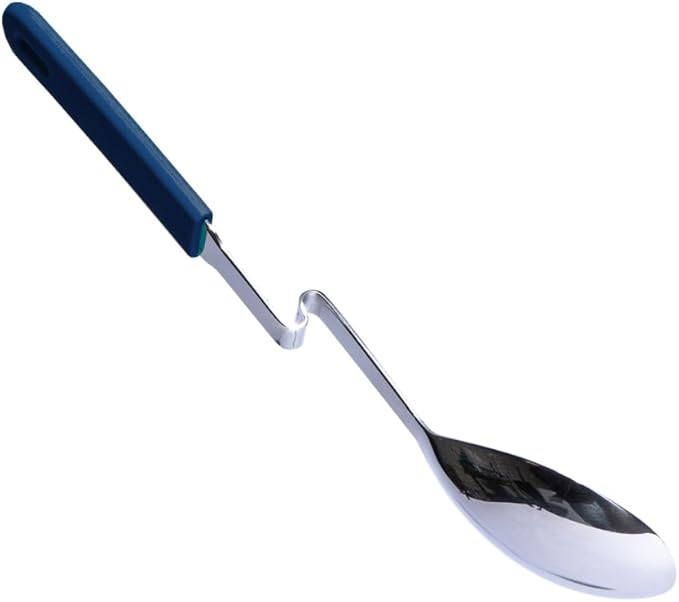 Souper Cubes + Lori Greiner No Mess Stainless Steel Cooking Spoon with Silicone Handle - Stainless Steel Serving Spoon No Mess Design Hooks on Side of Any Pot - Blueberry