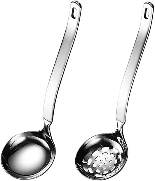 Collfa Small Soup Ladle Metal SUS304 Stainless Steel Ladles Spoon And Slotted Colander Spoon Set Soup Ladle With Holes Strainer Scoop Ladles For Serving Gravy Hot Pot Or Restaurant,2 Piece Set