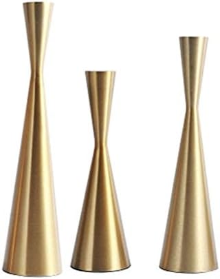 Set of 3 Brass Gold Metal Taper Candle Holders Candlestick Holders, Vintage & Modern Decorative Centerpiece Candlestick Holders for Table Mantel Wedding Housewarming (Brass Golden, S+M+L/Set)