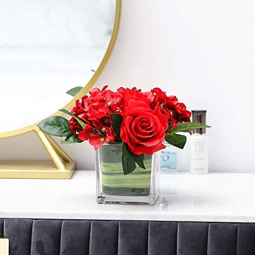 Fule Artificial Silk Rose Flower Centerpiece Arrangement in vase for Home Wedding Decoration (Red)