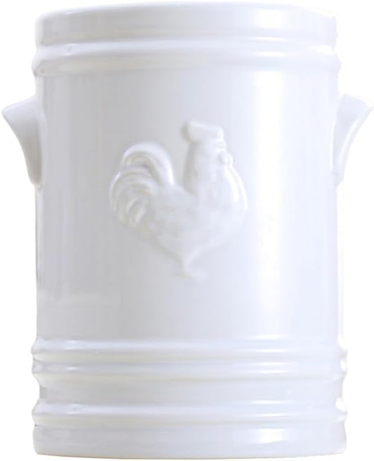 WAIT FLY Embossed Rooster Porcelain Kitchen Utensil Holder Flatware Storage Organizer Utensil Crock for Countertop Kitchen Counter Decor-White