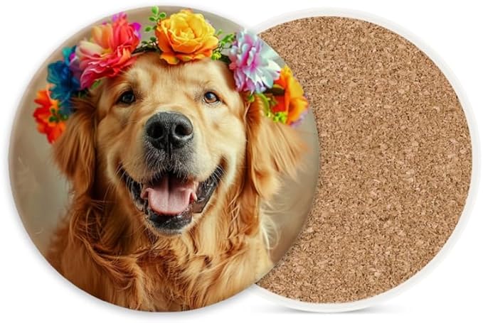 1 Pcs Coffee Cup Coasters for Drinks, Smiling Golden Retriever with Colorful Flower Round Absorbent Non-Slip Ceramic Stone Cork Coasters for Kitchen Office Decoration Bar (4 * 4 Inch)