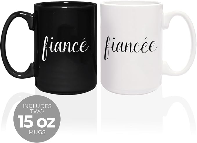 Canopy Street Fiance And Fiancee Mugs / 2 Jumbo 15 Ounce Engaged Couple Black And White Matching Ceramic Mugs/Modern Newlywed Relationship Engagement Cup Set/Wedding Coffee Drinkware