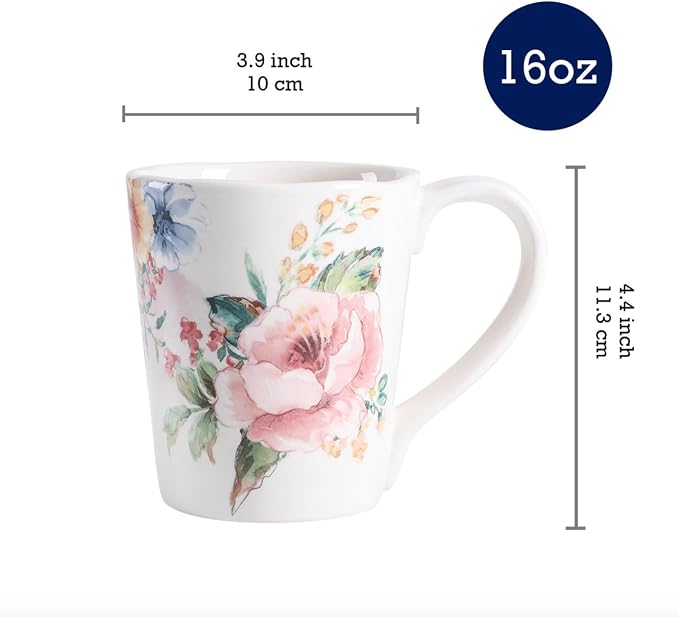 Bico Margret's Garden Ceramic Coffee Mugs Set of 4, 16 oz Large Tea Cups with Handle, Aesthetic Latte Mugs for Cappuccino Cocoa, Lead-Free, Dishwasher and Microwave Safe, Housewarming Gift