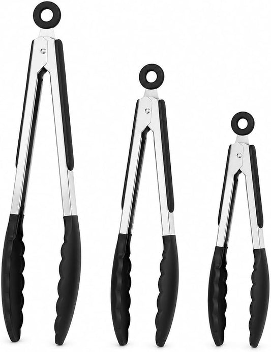 Kitchen Tongs Set, 3 Pack(7+9+12") Cooking Tongs with Locking Mechanism, Stainless Steel Body Food Tongs with Silicone Tips Tong for Cooking, Serving, Air Frying, Nonstick Cookware Safe
