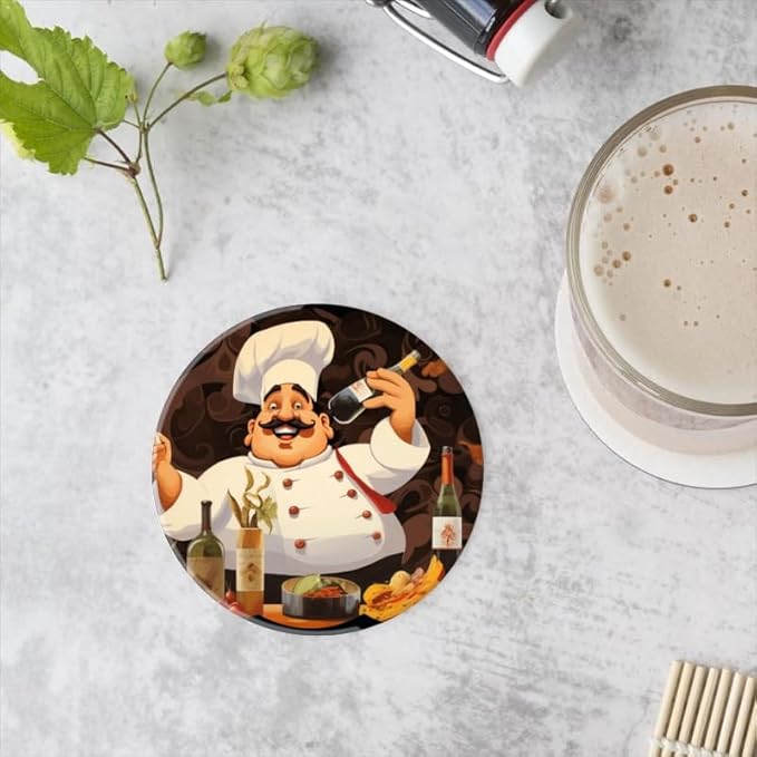 Ceramic Drink Coasters Absorbent Set of 1, Happy Chef with Mustache Round Anti Slip Modern Cup Coasters for Desk Kitchen Office Housewarming Hostess Gifts (4 * 4 Inch)