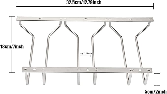 7-Inch Gold Wine Glass Rack, Under Cabinet Wine Glass Holder Stainless Steel Stemware Rack - Hanging Stemware Holder for Cabinet Kitchen Bar (3 Rows, 1 Pack)