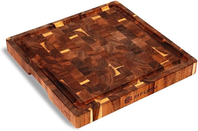 Medium 14" Square, 1.5" Thick Acacia End Grain Cutting Board, Wooden Chopping Board for Meat, Cheese and Charcuterie Board Built-in Handles with Juice Grooves, Durable, Easy Clean Kitchen Gift