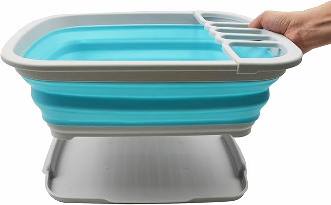 SAMMART 8L (2.11Gallons) Collapsible Plastic Dish Drainer with Drainer Board - Foldable Drying Rack Set - Portable Dinnerware Organizer - Space Saving Kitchen Storage Tray (Grey/Cyanine, 1)