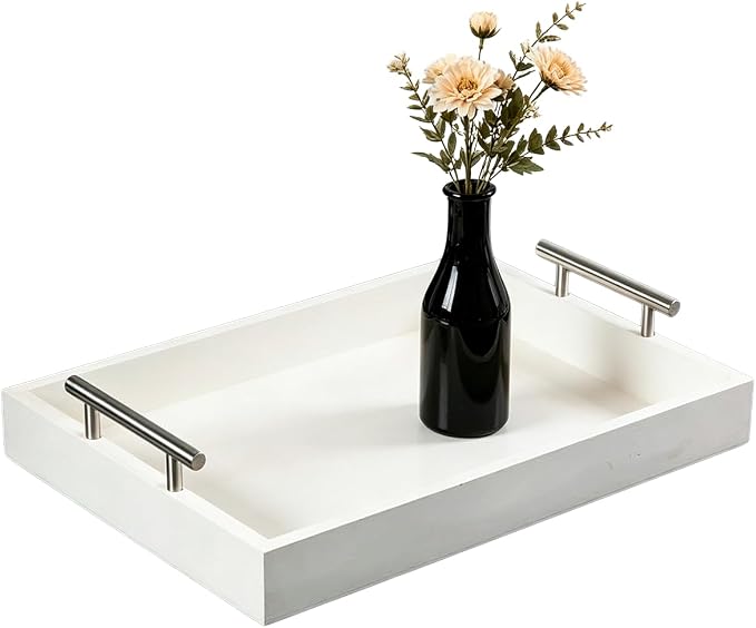 Serving Tray 16.5“X 13“ Deluxe Wooden Ottoman Food Tray for Eating, Dinner Trays for Eating on Couch Tray,Coffee Table with Polished Silver Metal Handles-4 Round Coasters Included, White