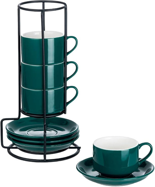 YOLIFE 2.5oz Espresso Cups Set of 4, Porcelain Stackable Espresso Cups, Expresso Shots Cup Set with Saucers and Metal Stand-Green