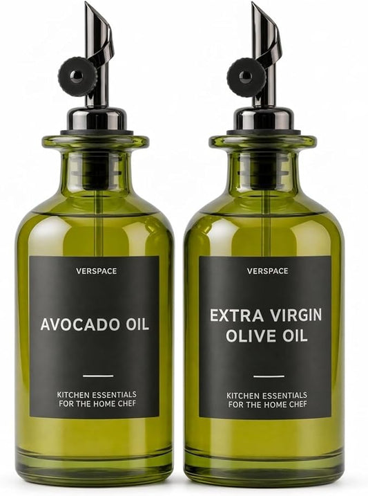 Verspace UV-Protected Green Glass Olive Oil Dispenser Bottles For Kitchen - 2 Pack - 12oz Includes 40 Kitchen Essential Labels, Avocado Oil Dispenser Set, Modern Decor for Home, Airbnb, Cafe