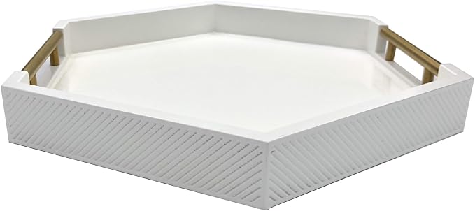 Serving Tray with Polished Metal Handles, Hexagon Coffee Table Tray, Modern Rectangle Decorative Tray, Large Ottoman Tray, Perfect for Storage and Display (White Hexagon)