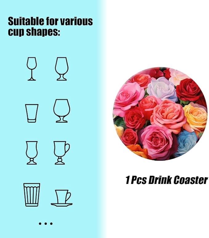 1 Pcs Coffee Cup Coasters for Drinks, Colorful Roses Painting Round Absorbent Non-Slip Ceramic Stone Cork Coasters for Kitchen Living Room Office Decoration Bar (4 * 4 Inch)