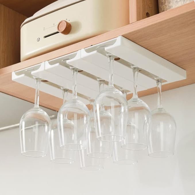 Wine Glass Holder Under Cabinet - 2 Pack Rack, Punch-Free Stemware Storage Hanger, Plastic Organizer for Bar, Self-Adhesive (Classic White)