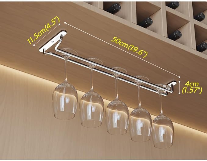 CAKERS Under Cabinet Hanging Stemware Display Rack|304 Stainless Steel Wine Glass Holder|Wine Glass Storage Organizer Hanger,1 Rows,50cm(19.6in)