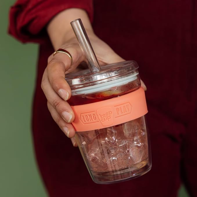 KeepCup Cold Cup - Longplay Double wall Glass Ice Coffee Tumbler with Lid and Straw - 12oz (340ml) - Californian Shrimp