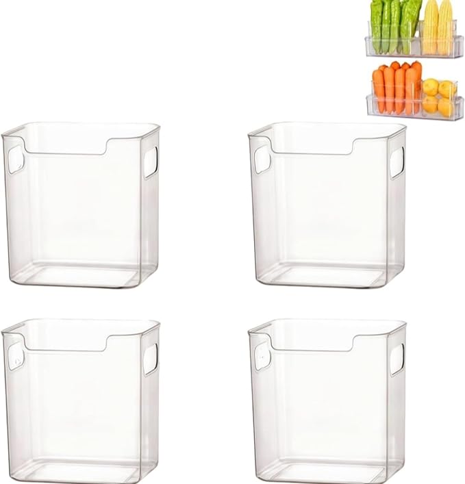 Thickened Crystal Clear Freezer Storage Bins - 4 Pack Clear Plastic Bins for Refrigerator and Pantry, Stackable Kitchen Cabinet Organizer with Handles for Pantries, Cabinets (4Pcs-S+L)