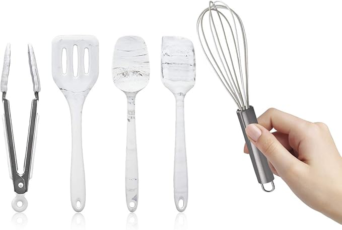 COOK WITH COLOR Silicone Cooking Utensils, Kitchen Utensil Set, Easy to Clean Silicone Kitchen Utensils, Cooking Utensils for Nonstick Cookware, Kitchen Gadgets Set, Mini, Marble White