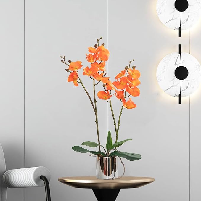 CXGS Artificial Orchid Flower Plant Real Touch Faux Orchids in Ceramic Vase Orange 19.7'' Fake Phalaenopsis Flower Arrangement Centerpiece Home Indoor Decor