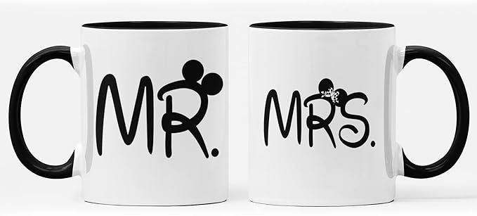 Promotion & Beyond Mr and Mrs Mug Set Matching Coffee Mug Set Gift for Couples MCPL130 (Ceramic, 11 oz. (Set of 2)) White/Black Handle & Rim