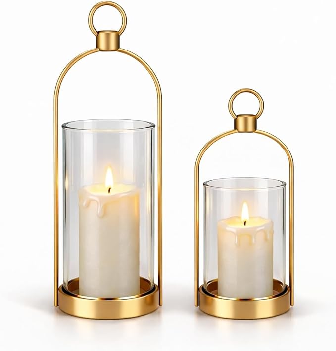 Gold Glass Candle Holder Set of 2, Modern Decorative Hurricane Candle Holders with Thick Glass Cylinder & Vintage Metal Frame for Table Centerpiece, Living Room, Shelf & Dining Table Decor