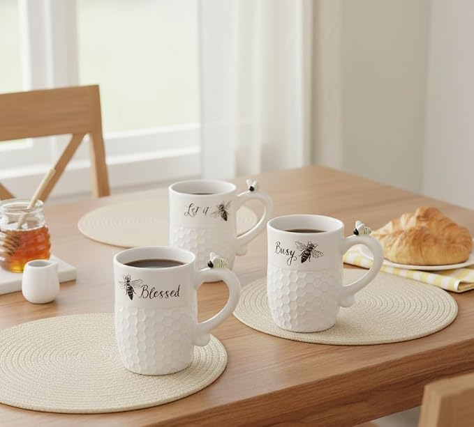 Young's Inc Ceramic Bee Coffee Mug Set of 4, 16 oz – Honeycomb Texture Cups with Bee Handle – Microwave & Dishwasher Safe, Perfect Bees Lover Gift