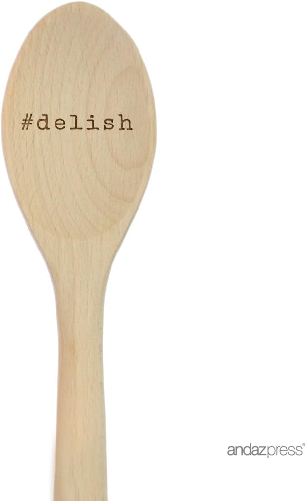 Andaz Press Laser Engraved Wooden Mixing Spoon, 12-inch, #Delish, 1-Pack