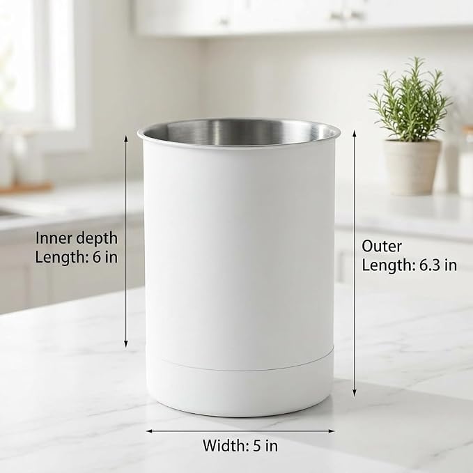 KSENDALO Stainless Steel Utensil Holder Set of 3 - 6.6* 5inch Round Kitchen Caddy, Crock, and Organizer for Cooking Spoons, Silverware, and Spatulas - Stylish Metal Container for Countertop, White | White Painted Stainless, Heavier Base, 6.6 inchTall, ...