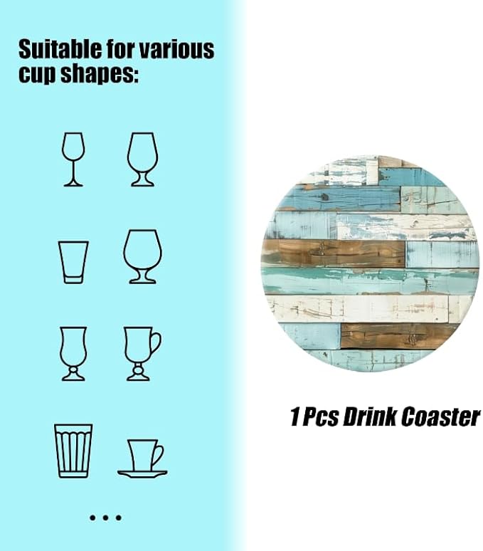 Ceramic Drink Coasters Absorbent Set of 1, Distressed Blue and White Planks Round Anti Slip Modern Cup Coasters for Desk Kitchen Office Housewarming Hostess Gifts (4 * 4 Inch)