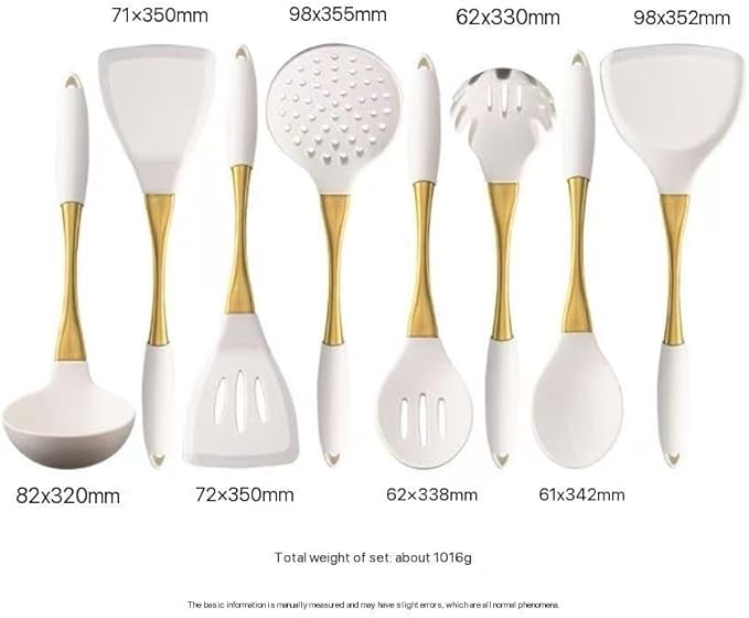 8-Piece Silicone Kitchen Utensil Set, White and Gold, Heat Resistant Cooking Tools with Comfort Handles- Includes Spatula & Spoon for Nonstick Cookware (Elegant White & Gold)
