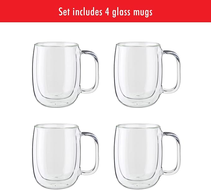 ZWILLING Sorrento Plus 4-pc Double-Wall Glass, Insulated Coffee Mug, 12-oz, 355ml, Clear