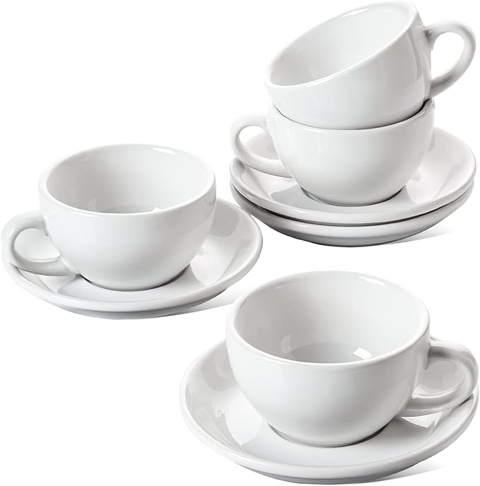 LE TAUCI 8 oz Cappuccino Cups with Saucers, Set of 4 Large Ceramic Coffee Cup Set for Latte, Au Lait, Flat White, Mocha, Tea Cup Set, Dishwasher Safe, Embossed Coffee Cups, White