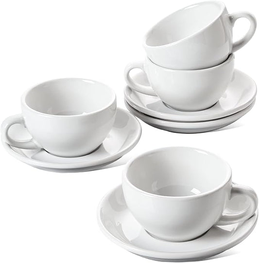 LE TAUCI 8 oz Cappuccino Cups with Saucers, Set of 4 Large Ceramic Coffee Cup Set for Latte, Au Lait, Flat White, Mocha, Tea Cup Set, Dishwasher Safe, Embossed Coffee Cups, White