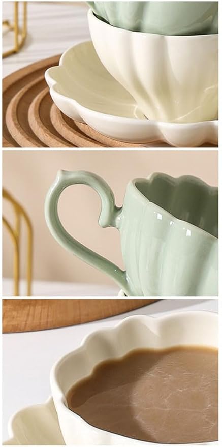 Flower Shaped Ceramic Coffee Cup Teacup with Saucer, Set of 2-White-Green