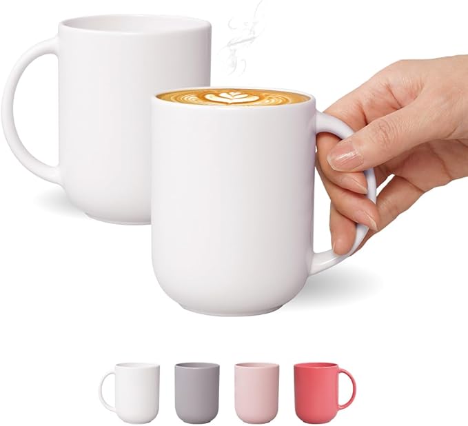 12 oz Ceramic Coffee Mug, Matte Pink White Gray Coffee Mug for Office and Home, Handmade in Korea! Set of 2 (MilkWhite)