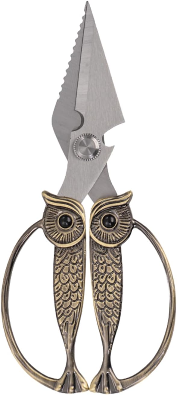 WARMHEART Owl Kitchen Scissors All Purpose, Stainless Steel Heavy Duty Sharp Shears for Meat, Chicken, Fish, Poultry, Herb, Bread (Bronze, Large)