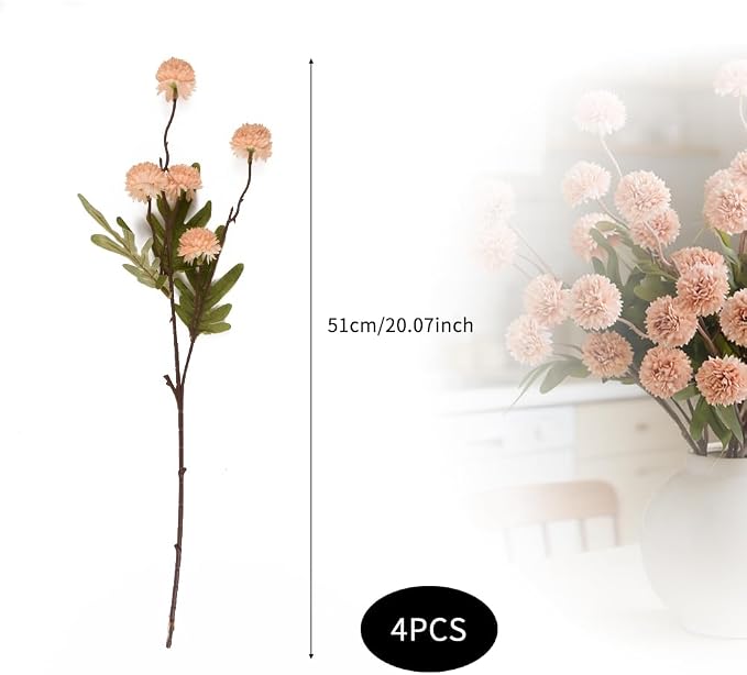 Artificial Pompon Mum Stems Silk Decor Champagne 20 Inch Set of 4