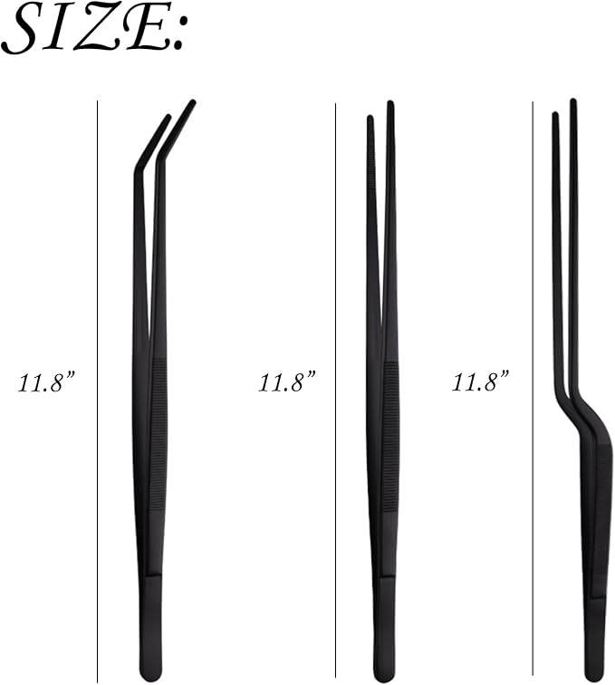 Professional Stainless Steel Food Tongs Stainless Steel Kitchen Tweezers Tongs Set 11.8 Inch Professional Chef Cooking Tools for BBQ Plating Baking (3, Black)