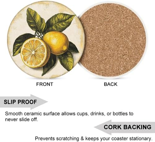 Ceramic Coasters Set of 4 Absorbent Stone Drink Coasters with Holder,Non-Slip Cork Backing,Lemon Coasters for Coffee Table,Desk & Home Decor