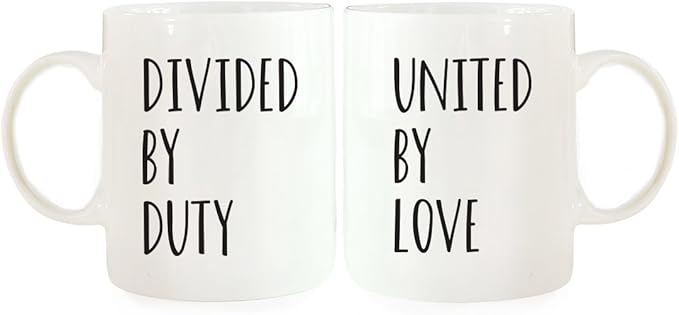 Andaz Press 11oz. Ceramic Ceramic Valentines Day Coffee Mugs Wedding Anniversary Couples Gift Set, Divided By Duty, United By Love, 2-Pack, Military Deployment Husband Wife Birthday Gift Ideas