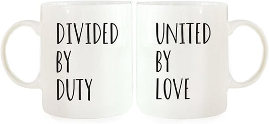 Andaz Press 11oz. Ceramic Ceramic Valentines Day Coffee Mugs Wedding Anniversary Couples Gift Set, Divided By Duty, United By Love, 2-Pack, Military Deployment Husband Wife Birthday Gift Ideas