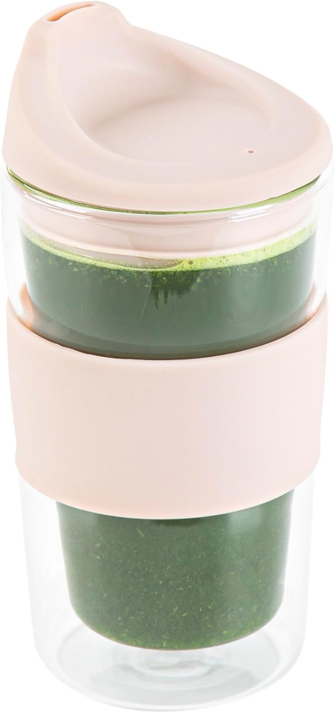 Restaurantware Glass Travel Mug 1 Count 12 Ounce Double Wall Borosilicate Reusable Coffee Cup, Spill-Resistant Tan Silicone Lid, Clear Drinkware Mug for Hot and Cold Beverages
