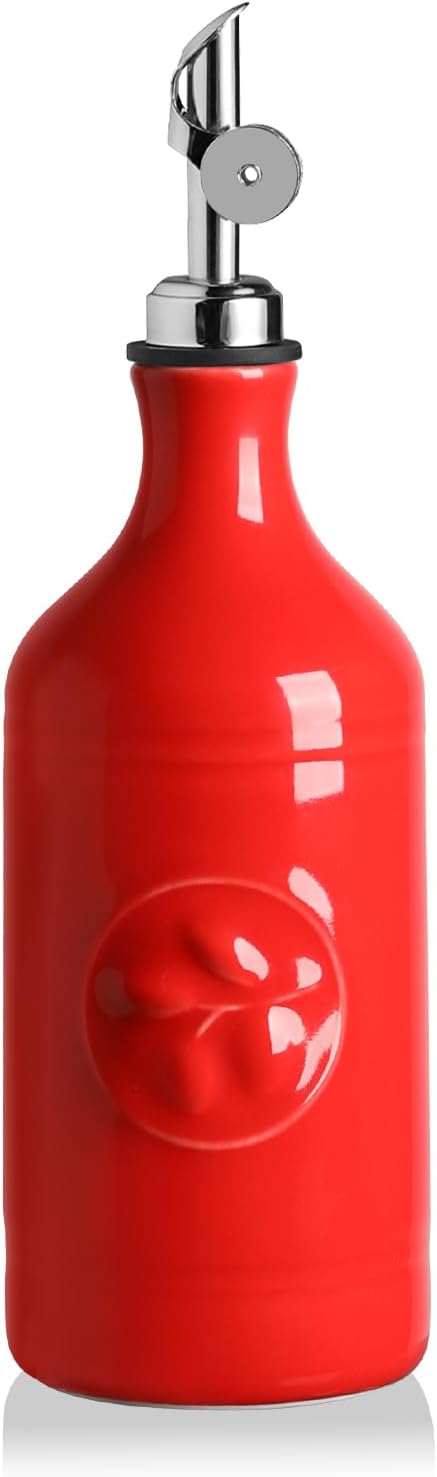 Sweejar 16 Oz Ceramic Olive Oil Dispenser Bottle, Oil Dispenser for Kitchen with Gravity Spout, Relief Opaque Oil Container for Evoo, Avocado Oil, Vinegar, Soy Sauce, 1 Pack(Red, Silver Spout)